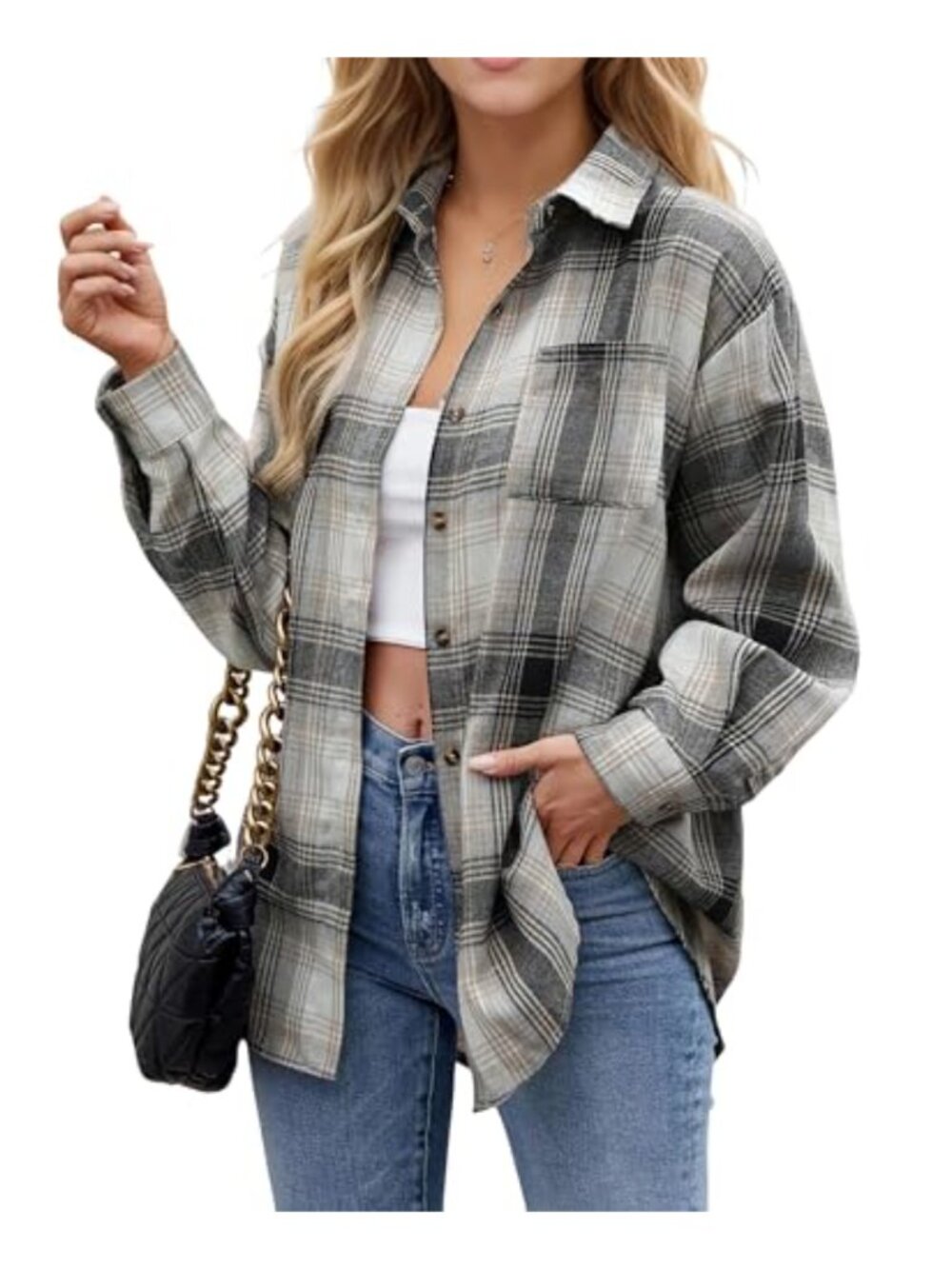 Womens Plaid Flannel Button Down Shirt Roll Up Long Sleeve Cotton Blend Work Top